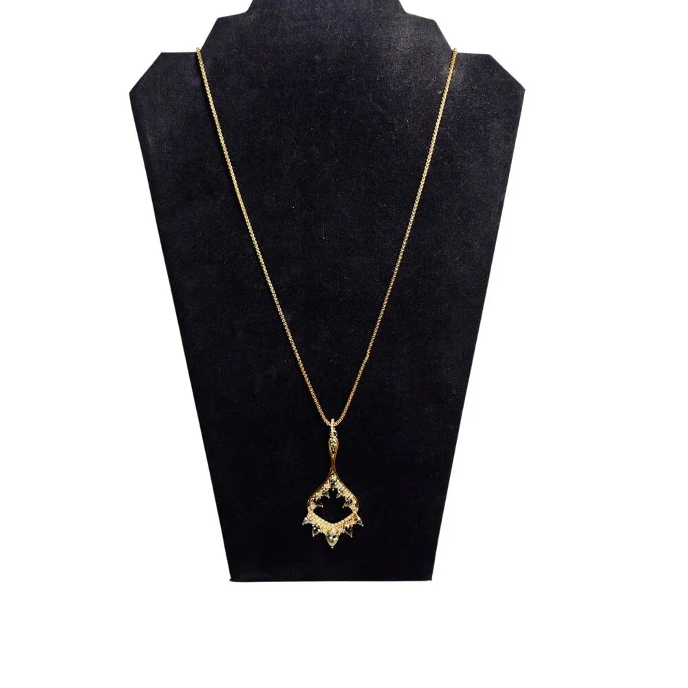 Vince Camuto Gold Tone Necklace With Green And Opaque Rhinestones Pendant (6267) - Picture 1 of 7
